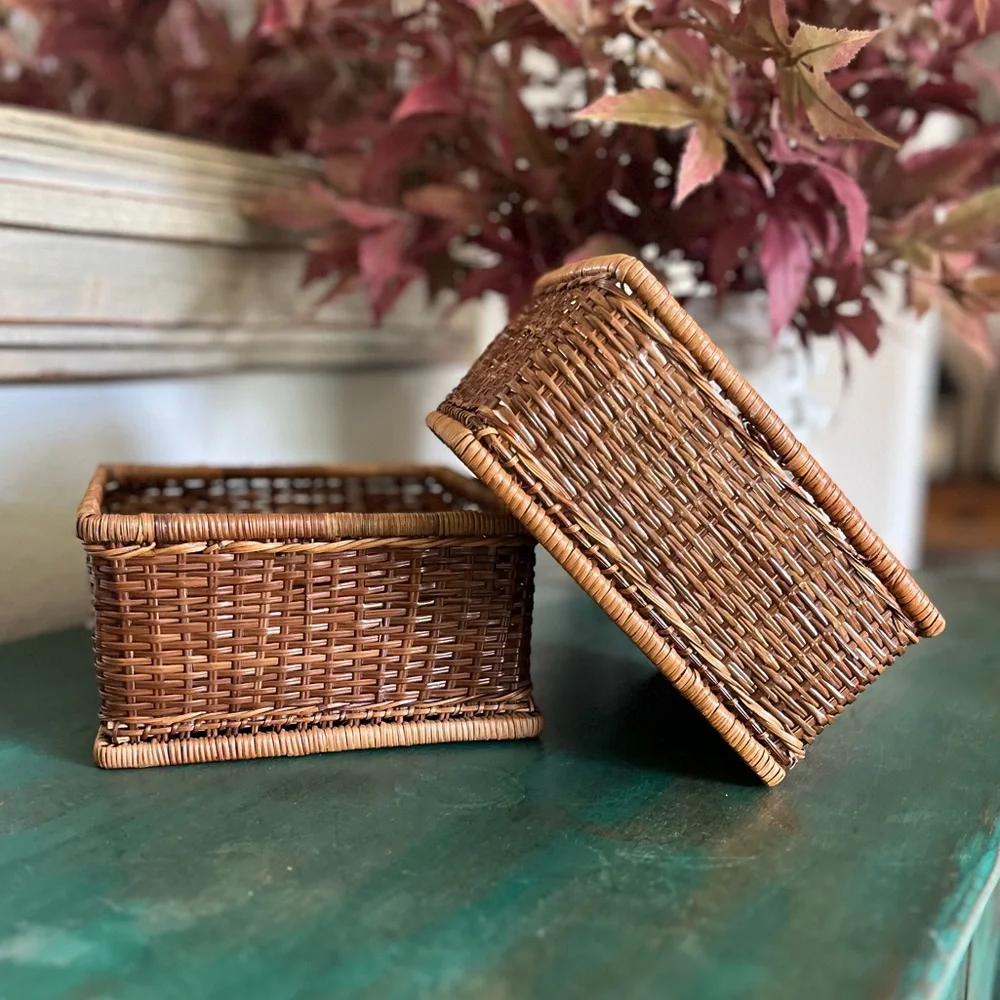 Set of 2 | Rattan Square Baskets | Vintage | Two Sizes